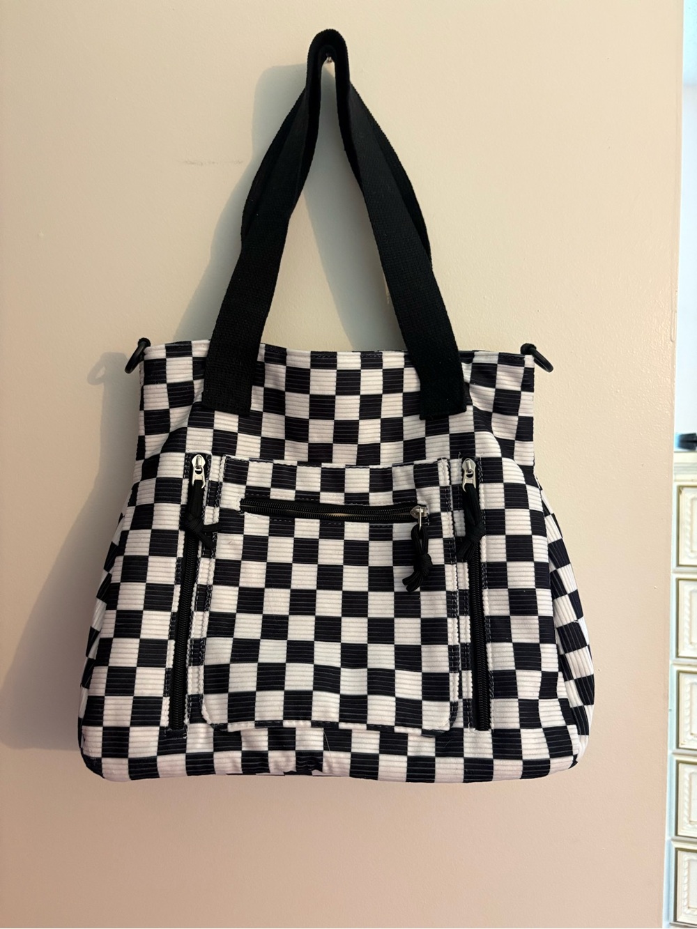 Black and White Checkered Tote Bag - Unbranded